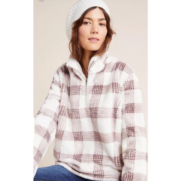Anthropologie Sunday in Brooklyn Plaid Quarter Zip Fleece Sz M - Picture 1 of 5